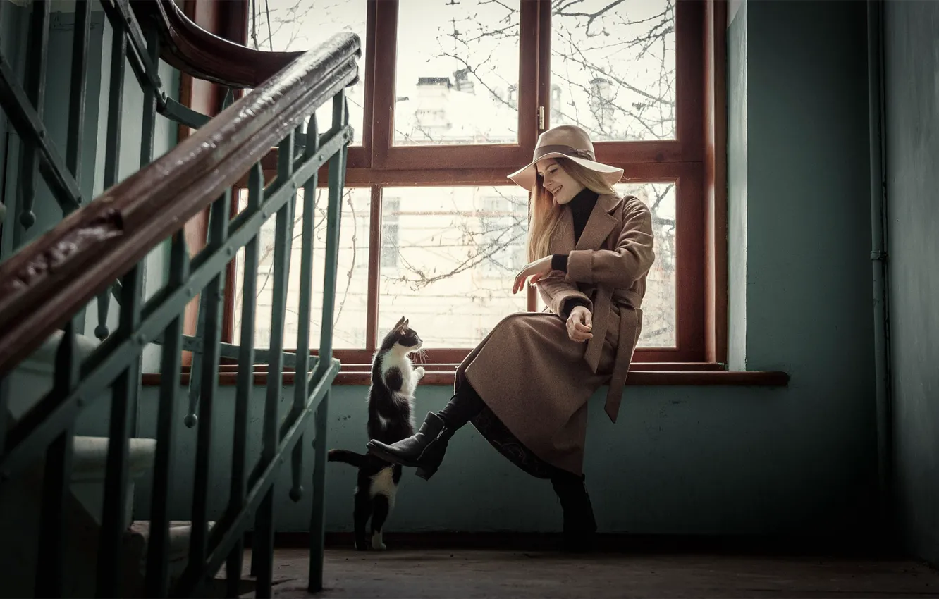 Photo wallpaper cat, girl, pose, photo, window, coat, Andrey Vasilyev, Natalia Prokopenko