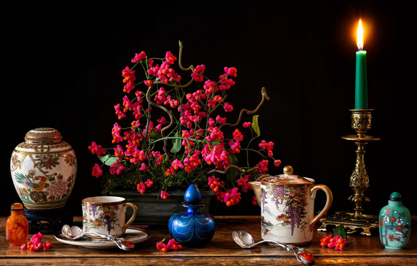 Photo wallpaper branches, berries, candle, Cup, still life, spoon