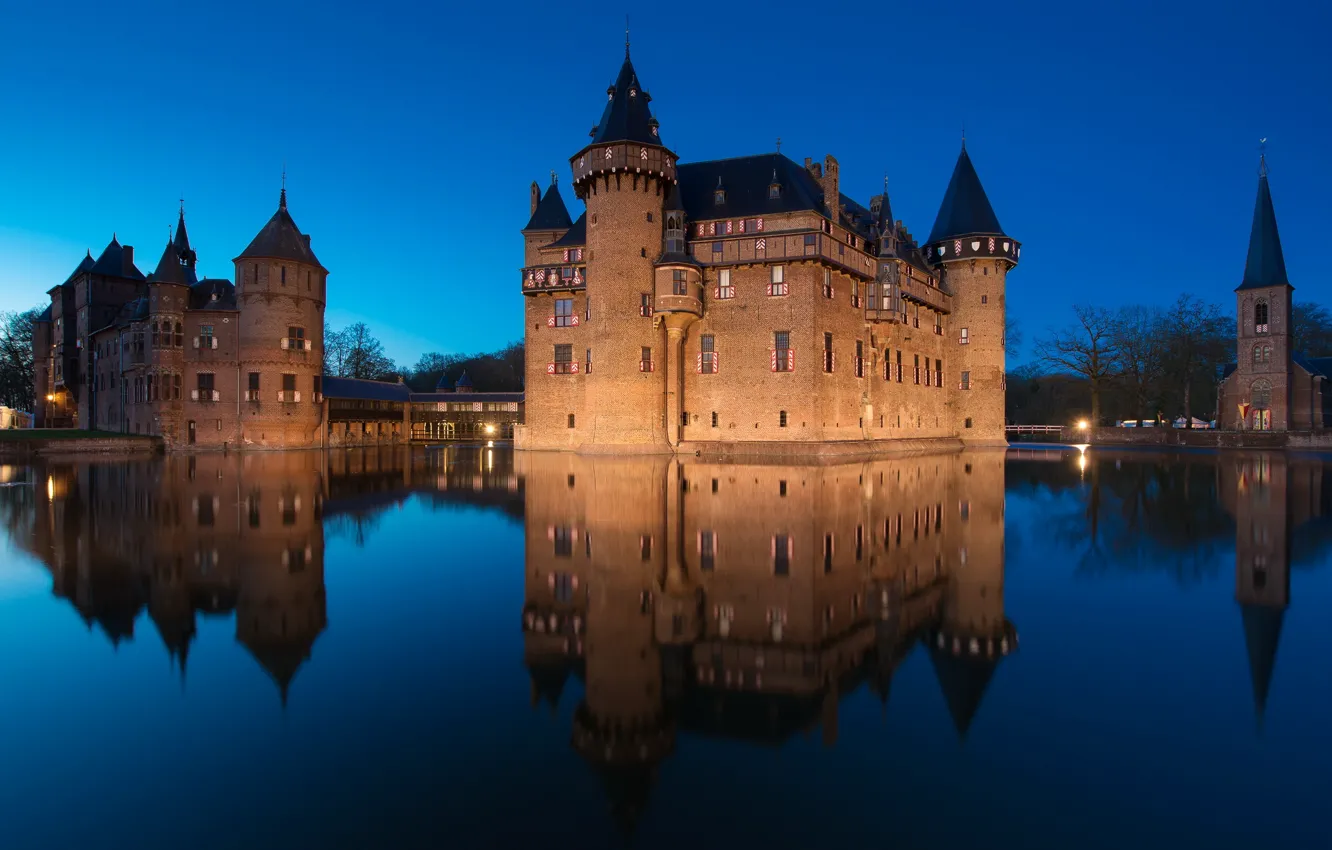 Photo wallpaper water, night, reflection, castle, lighting, Netherlands, De Hair