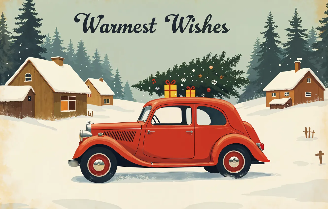 Photo wallpaper winter, machine, forest, snow, red, gift, the inscription, new year