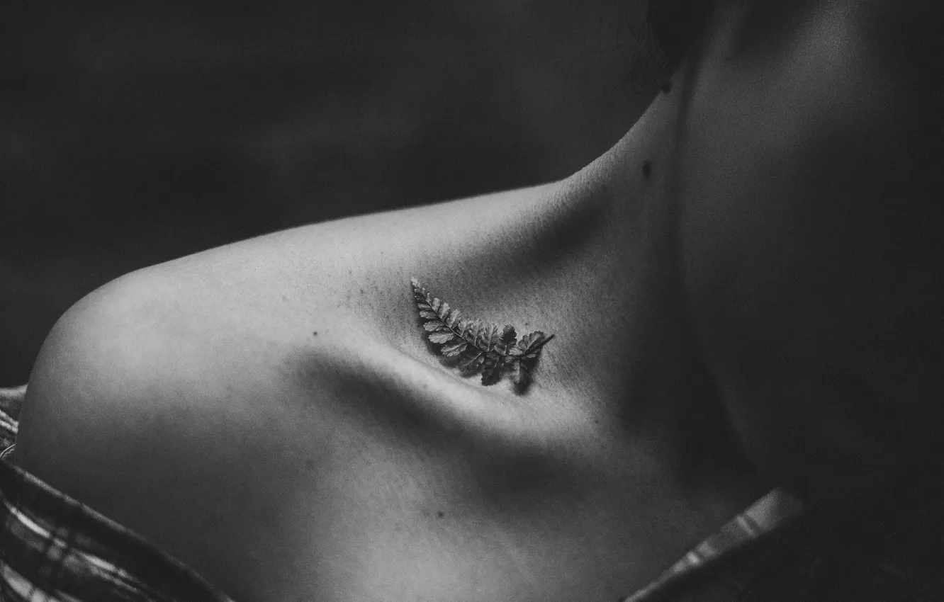 Photo wallpaper leaves, girl, leaves, neck, clavicle