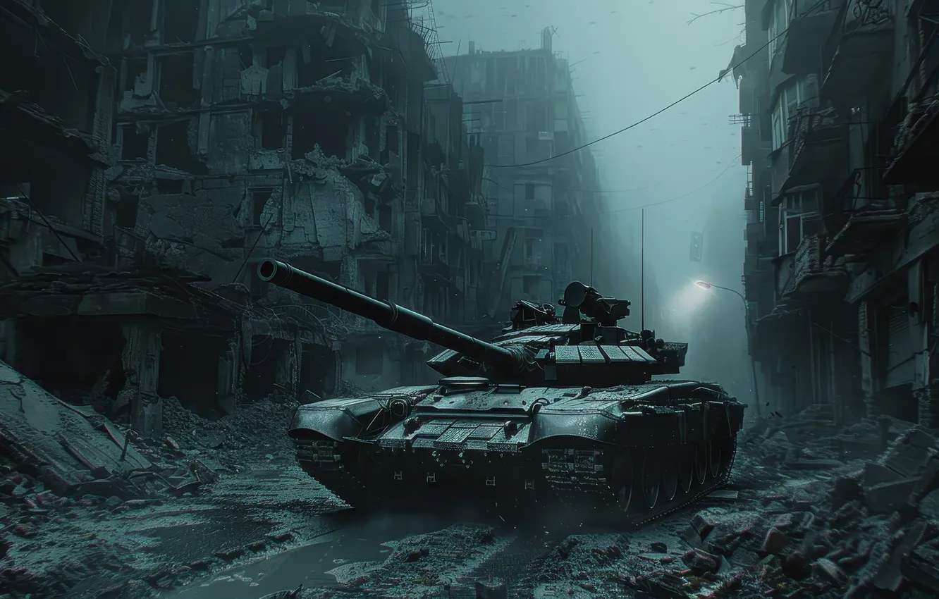 Photo wallpaper street, home, dirt, tank, devastation, digital art, AI art, The Art of Artificial Intelligence