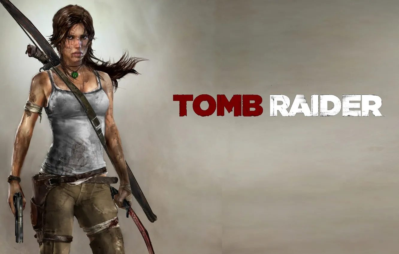 Photo wallpaper gun, bow, Tomb Raider, grey background, holster, Lara Croft, boomerang