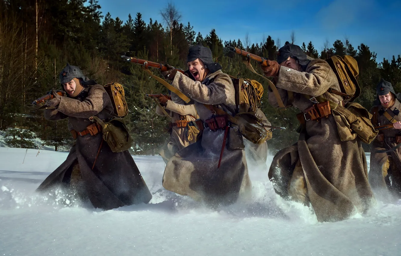 Photo wallpaper winter, snow, attack, The red army, cheers, The red army, The battle