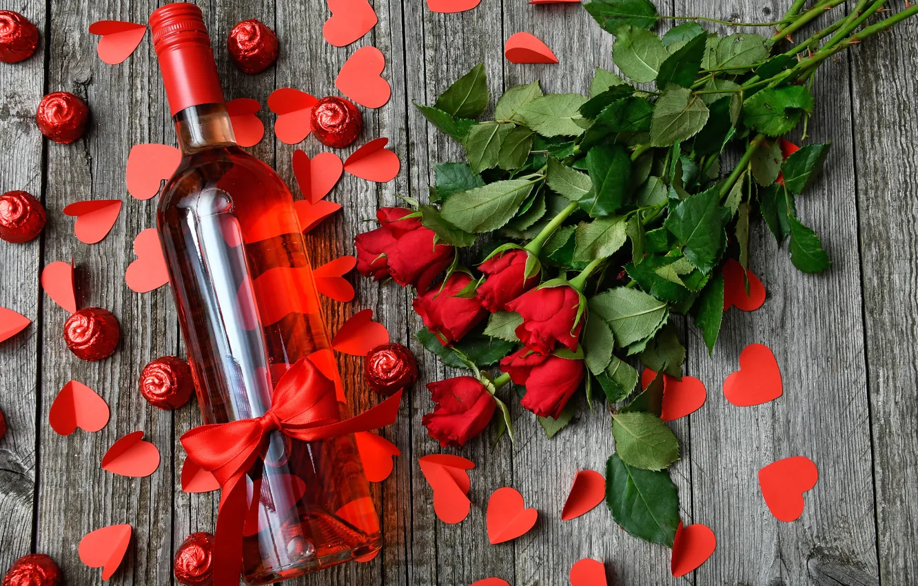 Photo wallpaper wine, romance, bottle, roses, bouquet, candy