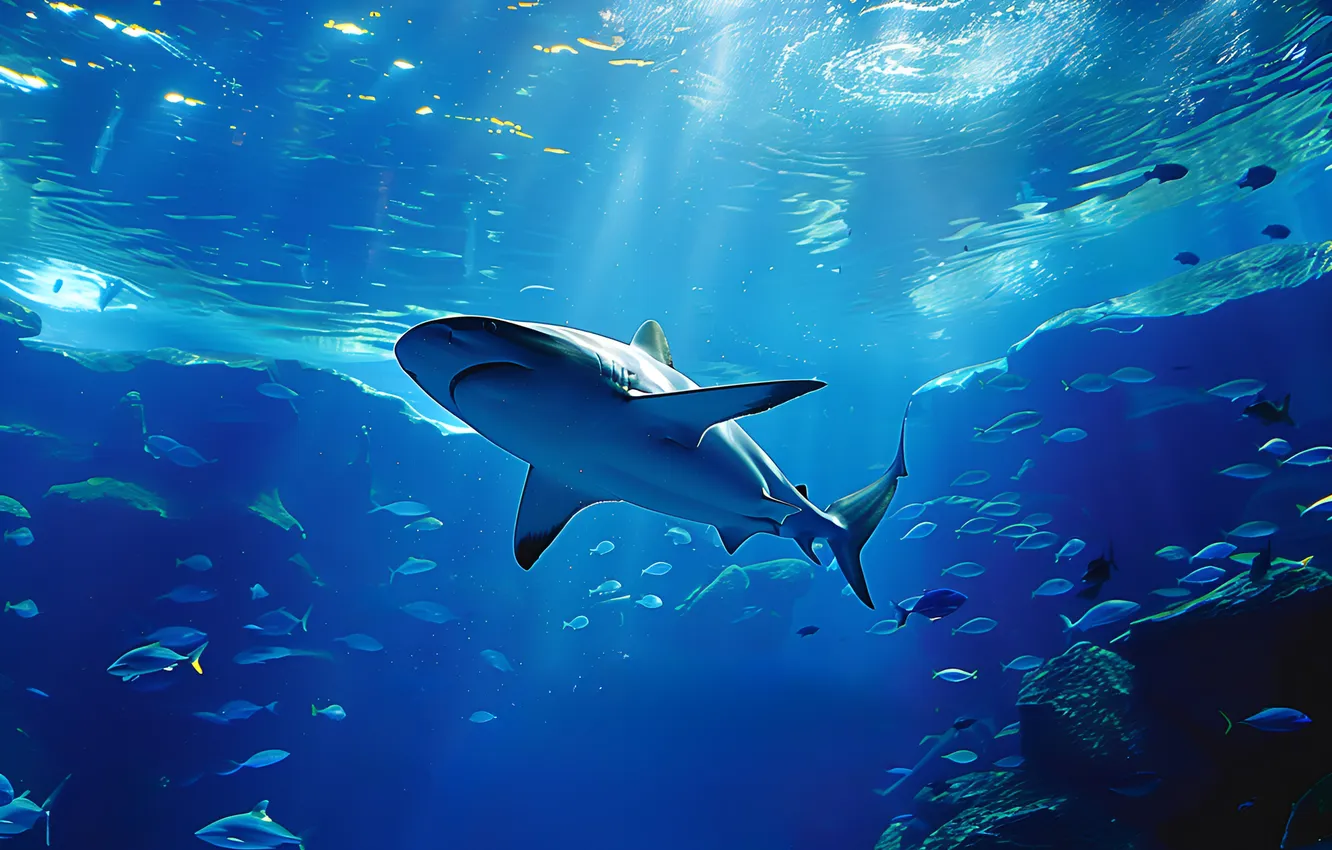 Photo wallpaper fish, predator, shark, underwater world, digital art, AI art, The Art of Artificial Intelligence, neural …