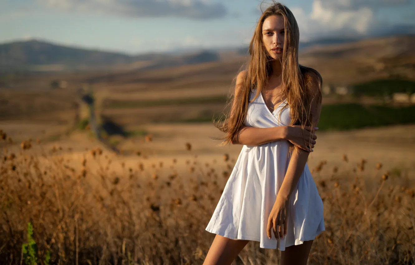 Photo wallpaper Alina, field, nature, clouds, bokeh, blue sky, sexy woman, countryside