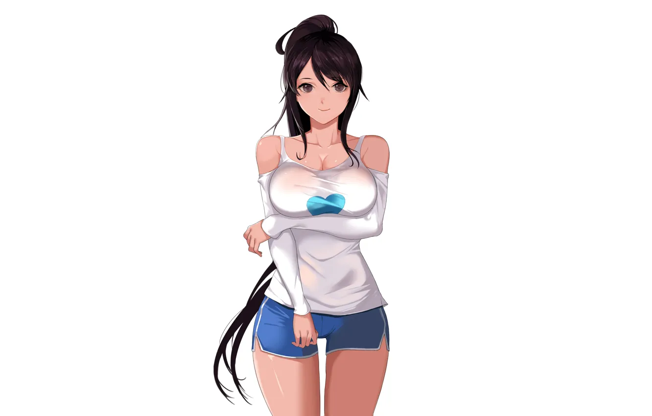 Photo wallpaper girl, sexy, cleavage, shorts, long hair, brown eyes, boobs, anime