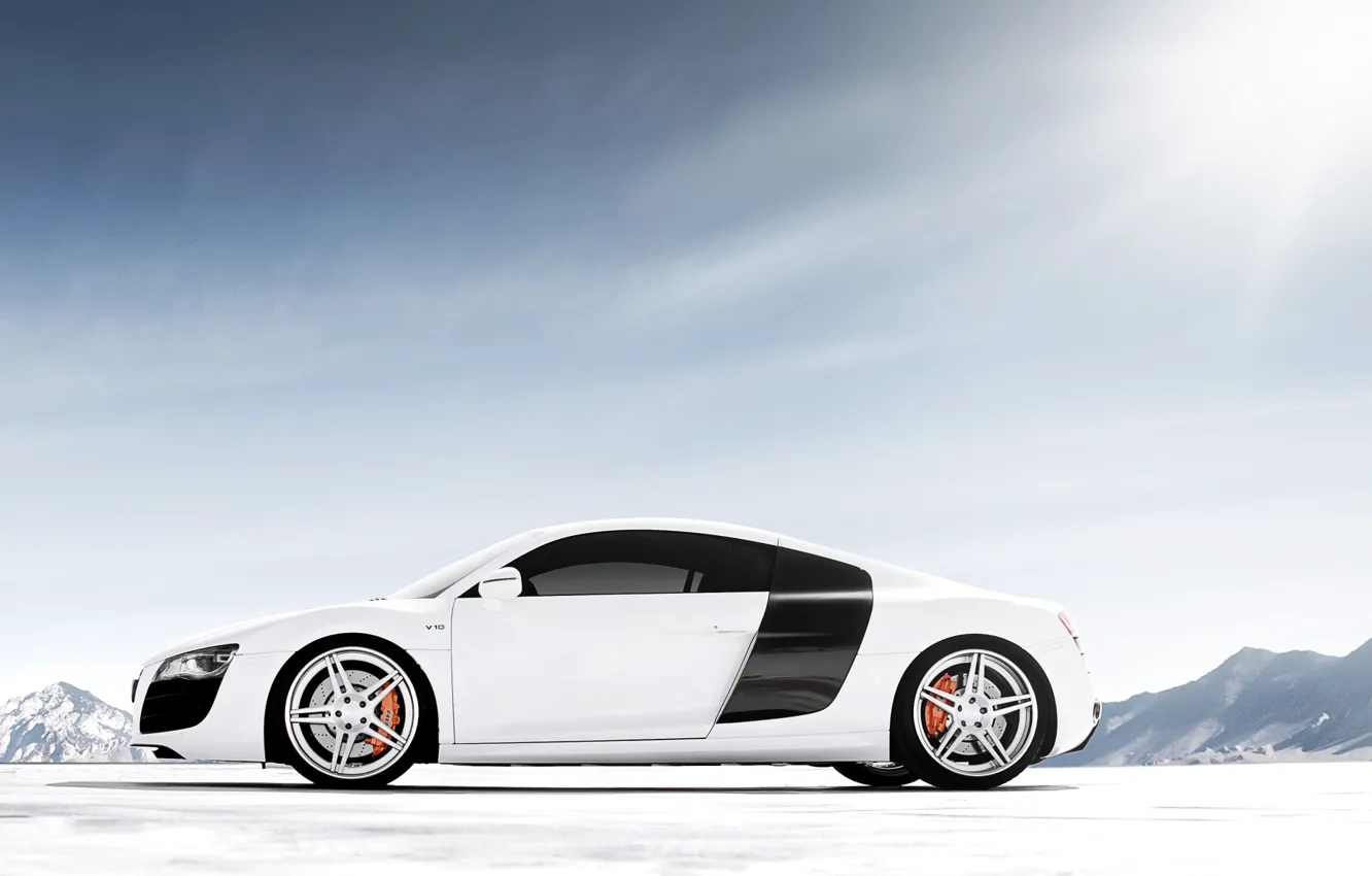 Photo wallpaper white, the sky, mountains, Audi, Audi, tuning, supercar, drives