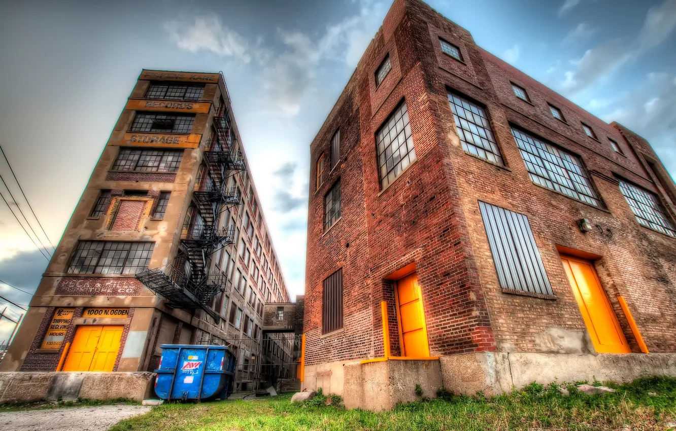 Photo wallpaper windows, blue, blue sky, buildings, green grass, brick, stairs, container