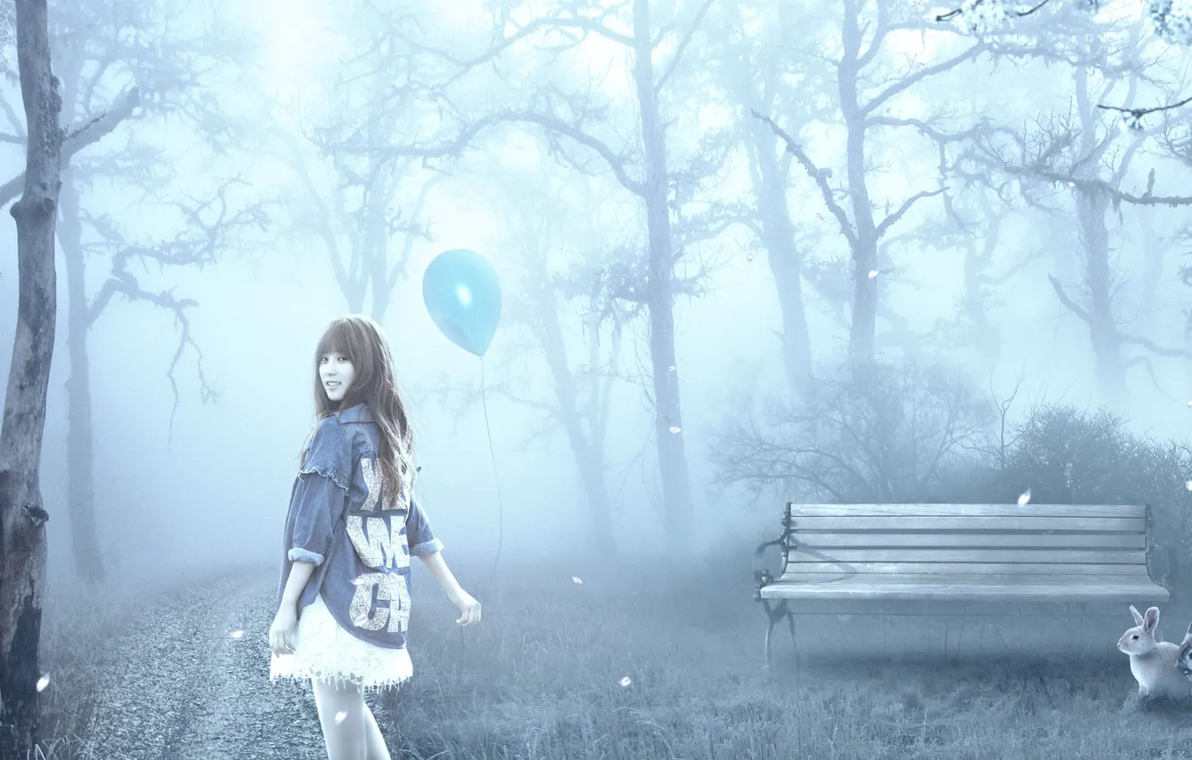 Photo wallpaper girl, bench, fog, smile, balloon, petals, rabbit, brown hair
