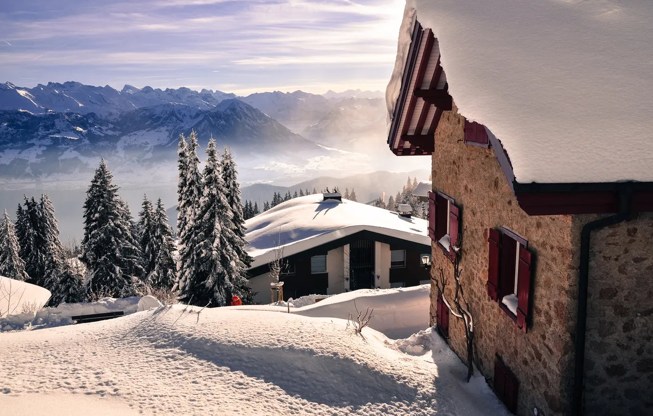 Photo wallpaper winter, mountains, home