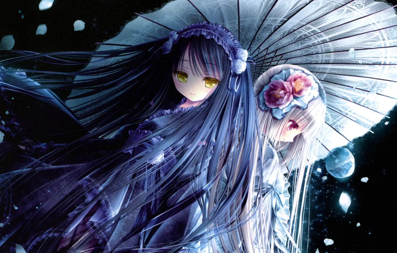 Photo wallpaper Ruski, petals, long hair, yellow eyes, the night sky, bezel, flower in hair, back to …