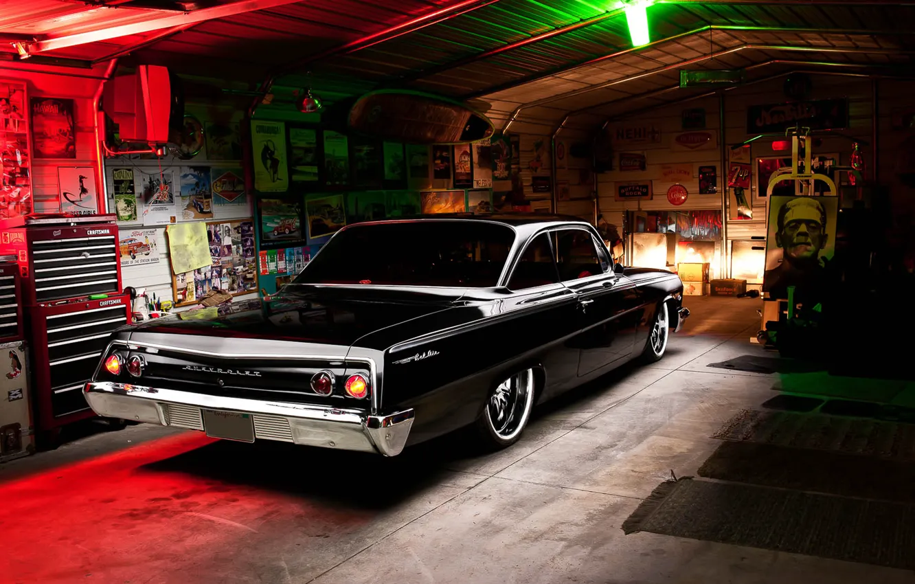 Photo wallpaper Chevrolet, Light, Bel Air, Black, Tuning, Retro, 1962, Garage