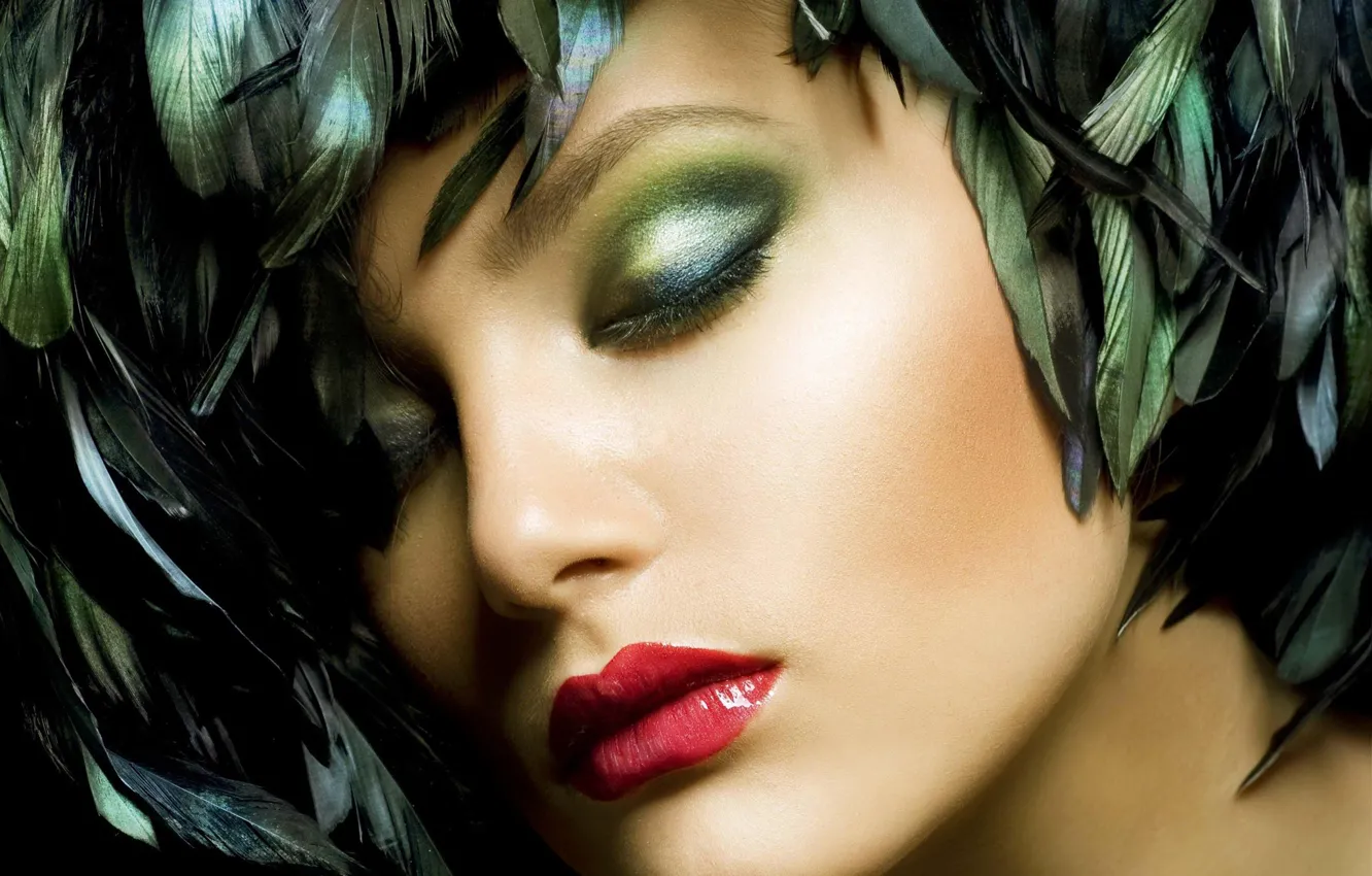 Photo wallpaper girl, face, shadow, feathers, makeup, lipstick, lips