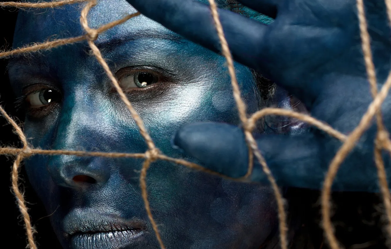 Photo wallpaper look, girl, blue, face, mesh, paint, hands, Ivan Kovalev