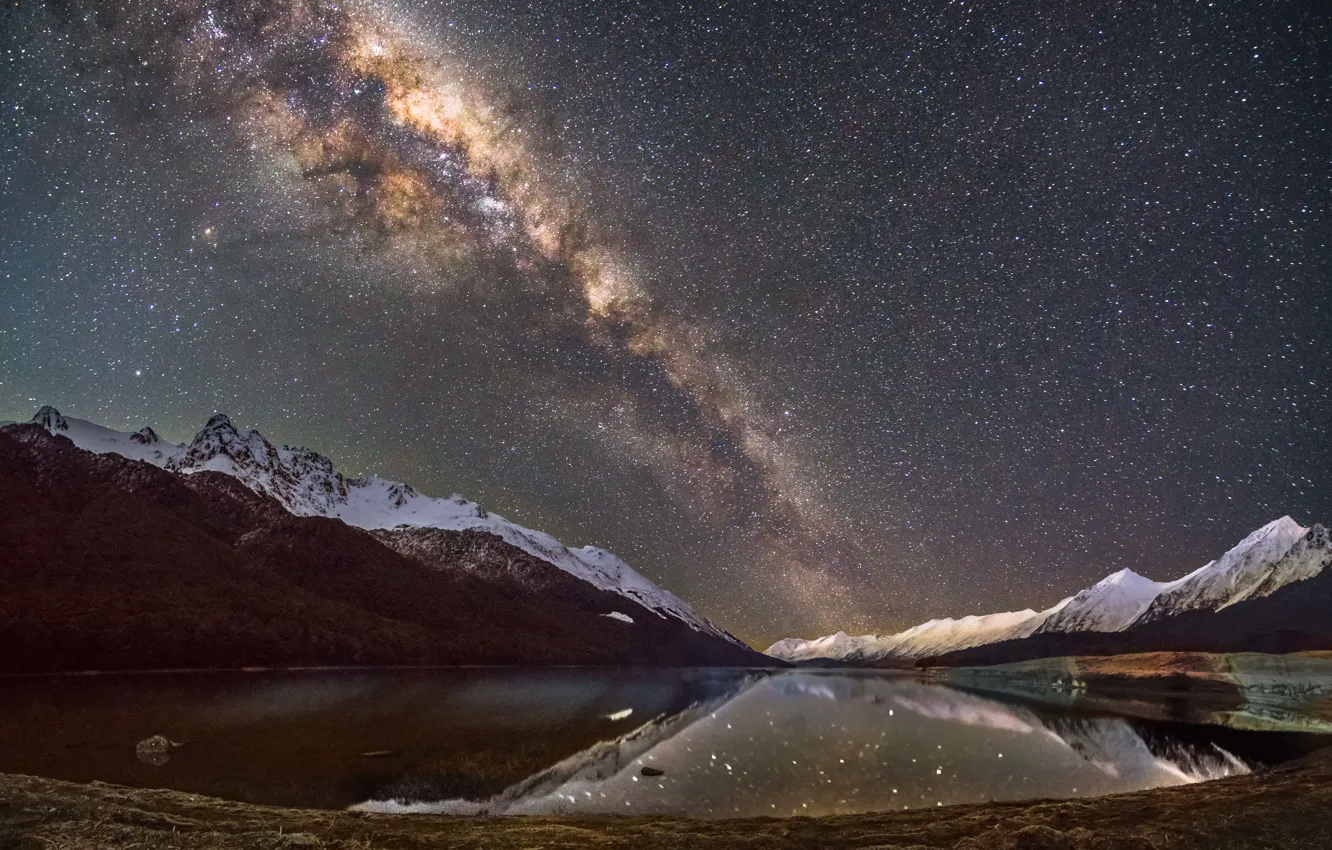Photo wallpaper space, stars, snow, mountains, lake, reflection, mirror, The Milky Way