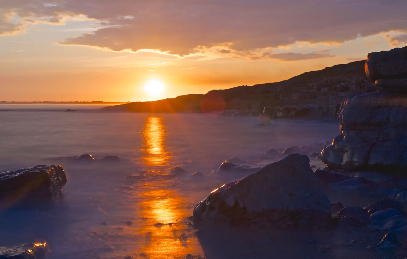 Photo wallpaper sea, the sun, landscape, sunset, rocks, shore