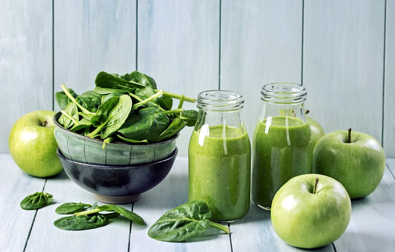 Photo wallpaper apples, juice, bottle, drink, spinach