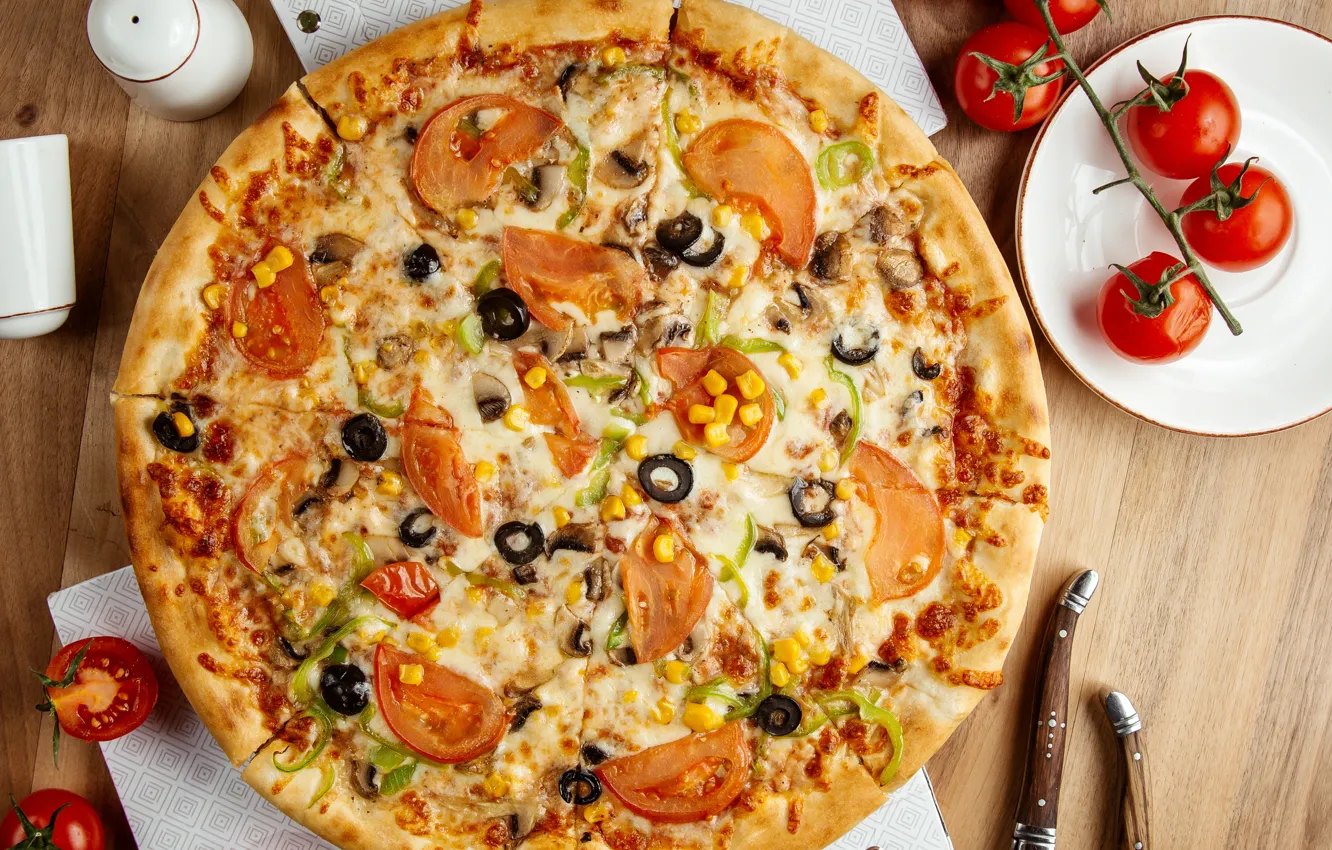 Photo wallpaper table, vegetables, pizza