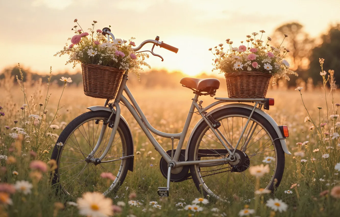 Photo wallpaper field, flowers, bike, spring, colorful, meadow, blossom, flowers