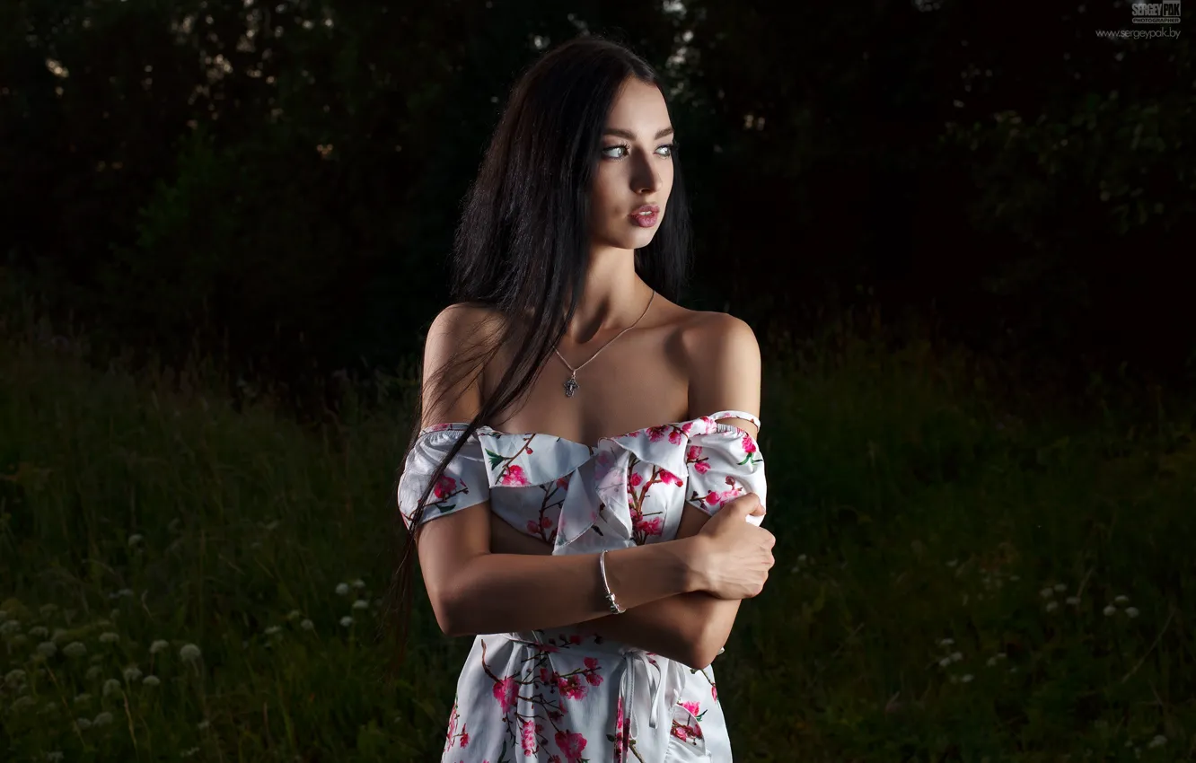 Photo wallpaper grass, long hair, dress, trees, nature, model, women, brunette