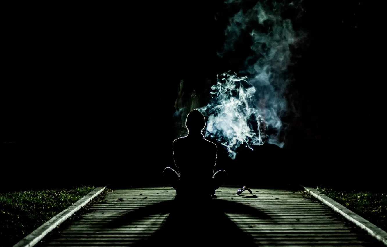 Photo wallpaper grass, smoke, clouds, shadows, human, silhouette, vapor, living being