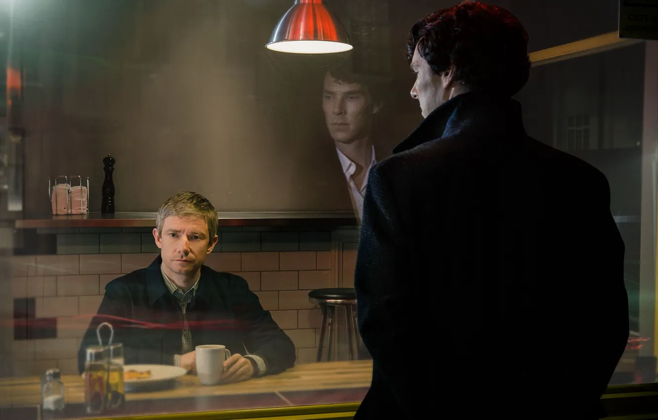 Photo wallpaper reflection, window, Cup, cafe, Sherlock Holmes, Martin Freeman, Benedict Cumberbatch, Benedict Cumberbatch