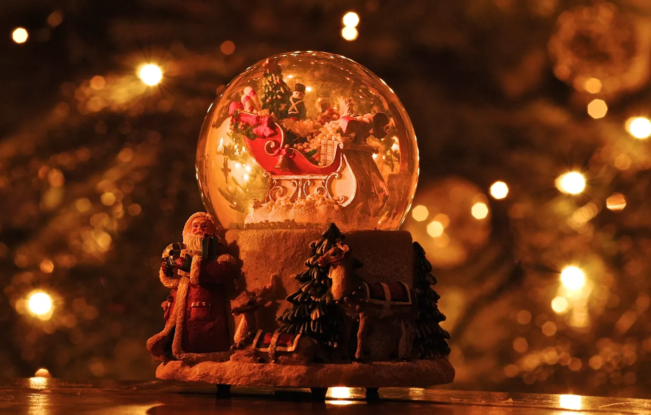 Photo wallpaper christmas, reindeer, santa claus, snow globe, sleigh