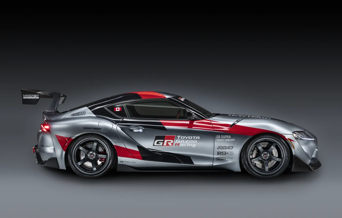 Photo wallpaper grey, background, coupe, Toyota, side view, 2020, GR Supra Track Concept