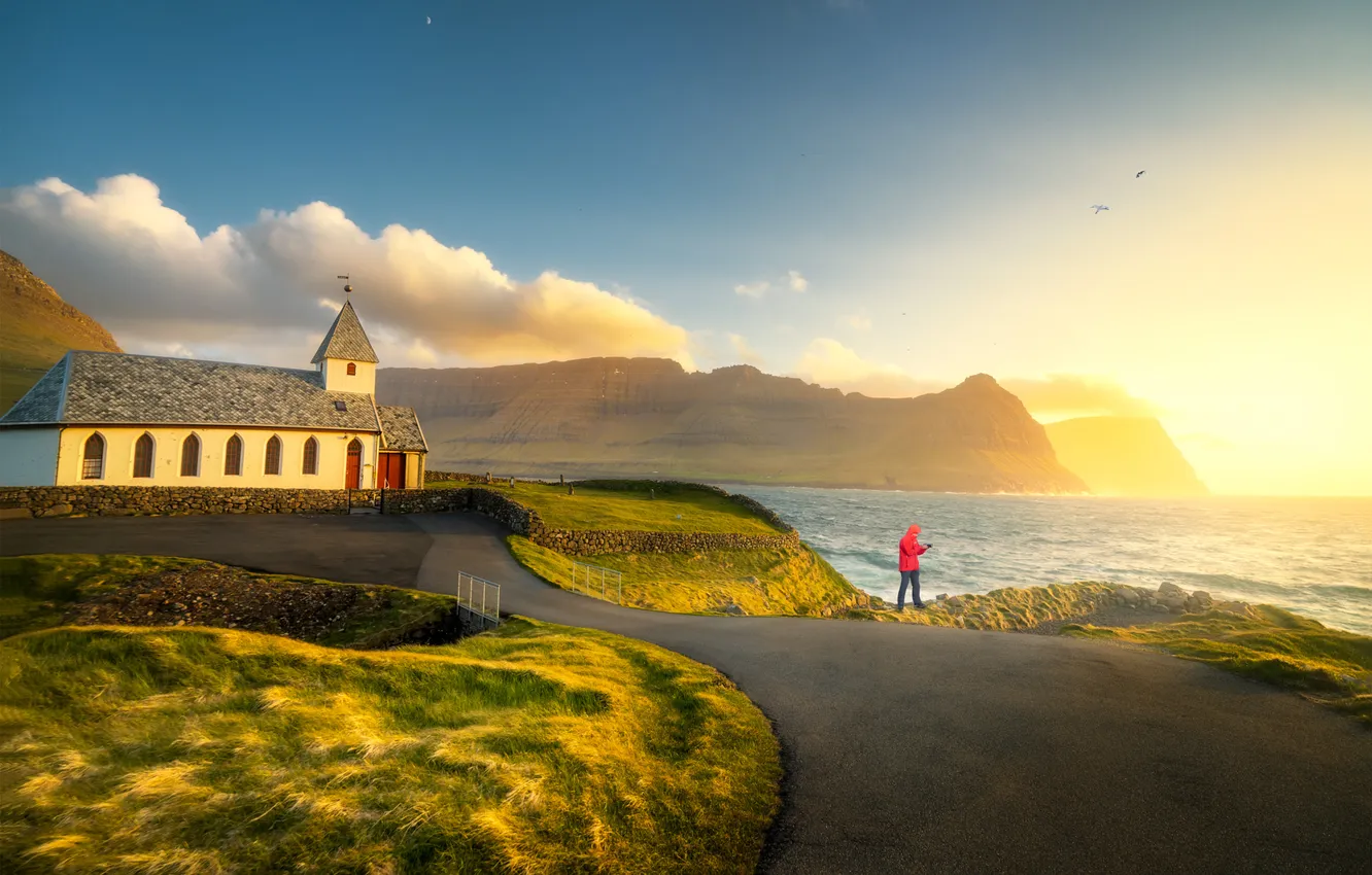 Photo wallpaper sea, the sky, grass, the sun, clouds, light, mountains, blue