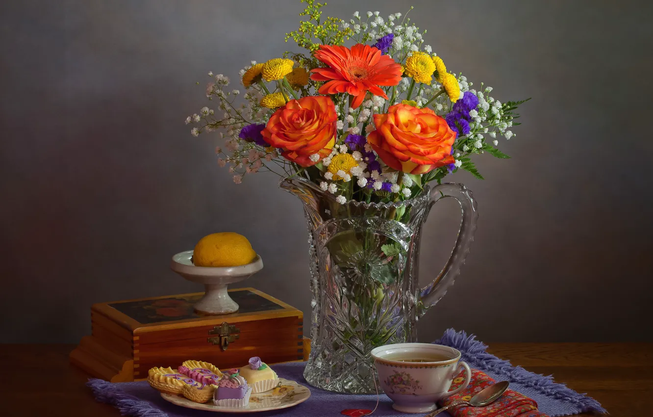 Photo wallpaper flowers, style, lemon, tea, roses, bouquet, mug, Cup