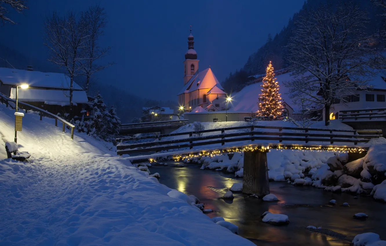 Photo wallpaper winter, snow, landscape, night, bridge, nature, river, Christmas