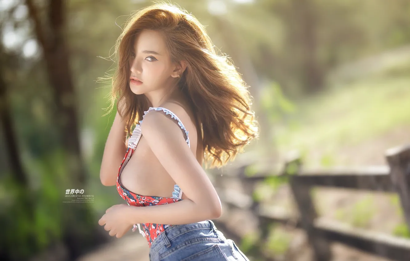 Photo wallpaper girl, Asian, field, nature, model, women, jeans, brunette
