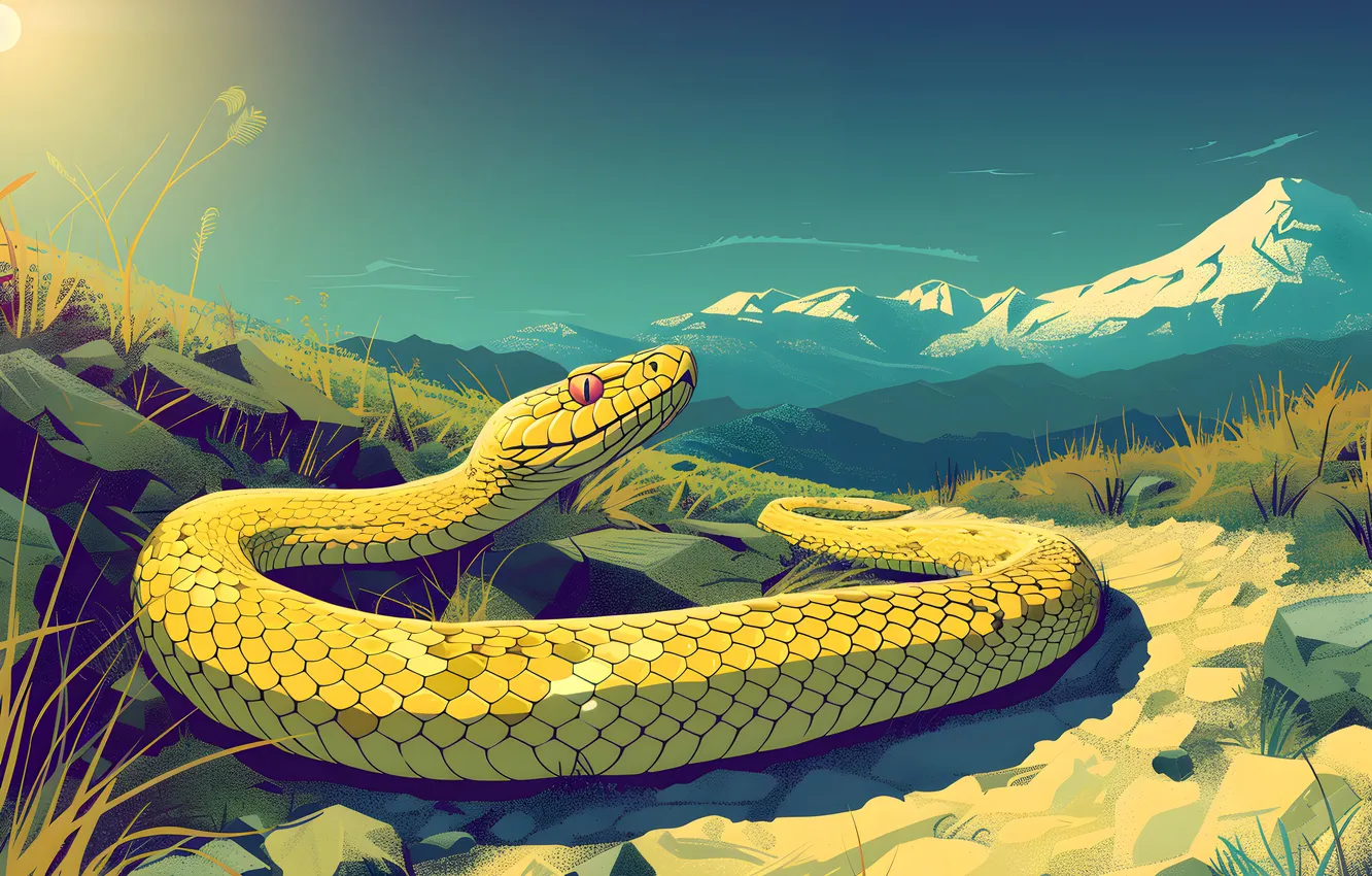 Photo wallpaper face, mountains, stones, animal, dawn, snake, art, reptile