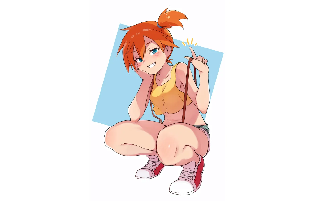 Photo wallpaper girl, sexy, misty, cleavage, shorts, boobs, anime, blue eyes