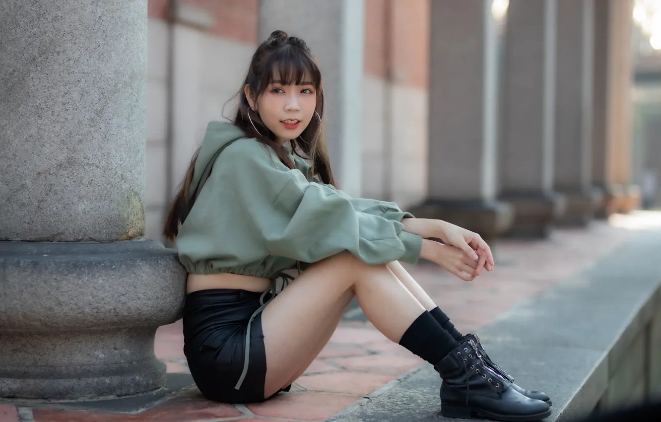 Photo wallpaper look, columns, Asian, look, asian, column, charming girl, charming girl