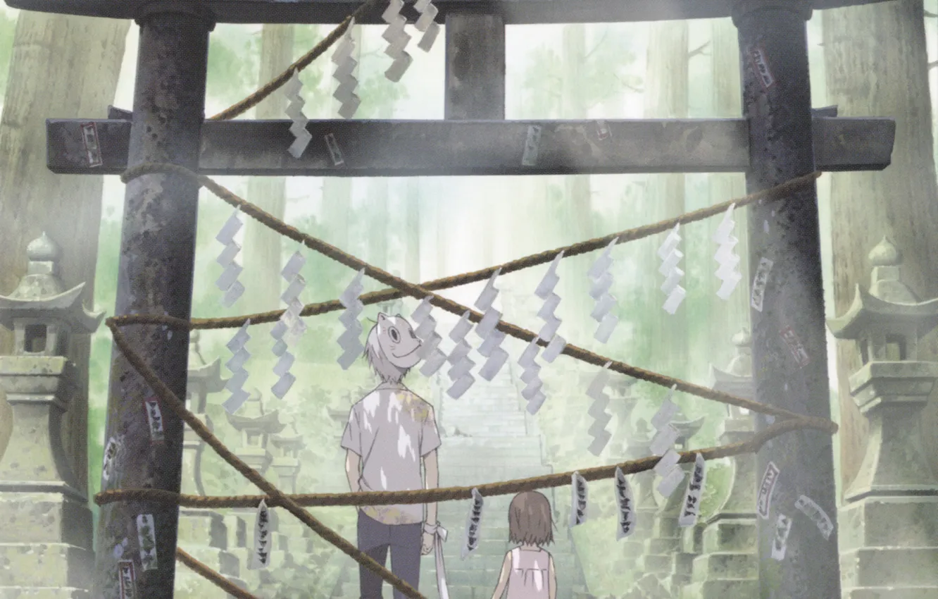 Photo wallpaper forest, anime, boy, mask, ladder, girl, in the woods, Hotarubi no Mori e