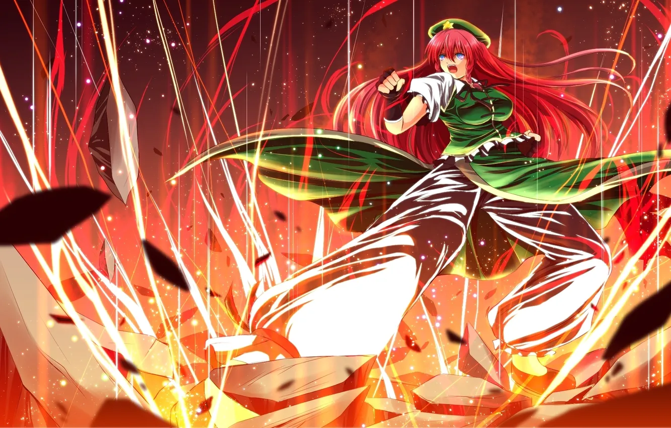 Photo wallpaper girl, lights, art, destruction, touhou, hong meiling, nekominase