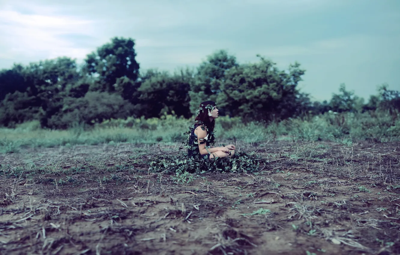 Photo wallpaper field, grass, girl