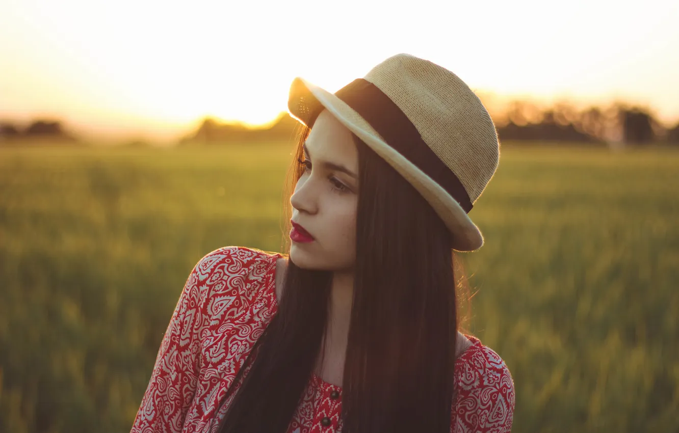 Photo wallpaper girl, hair, hat, brunette