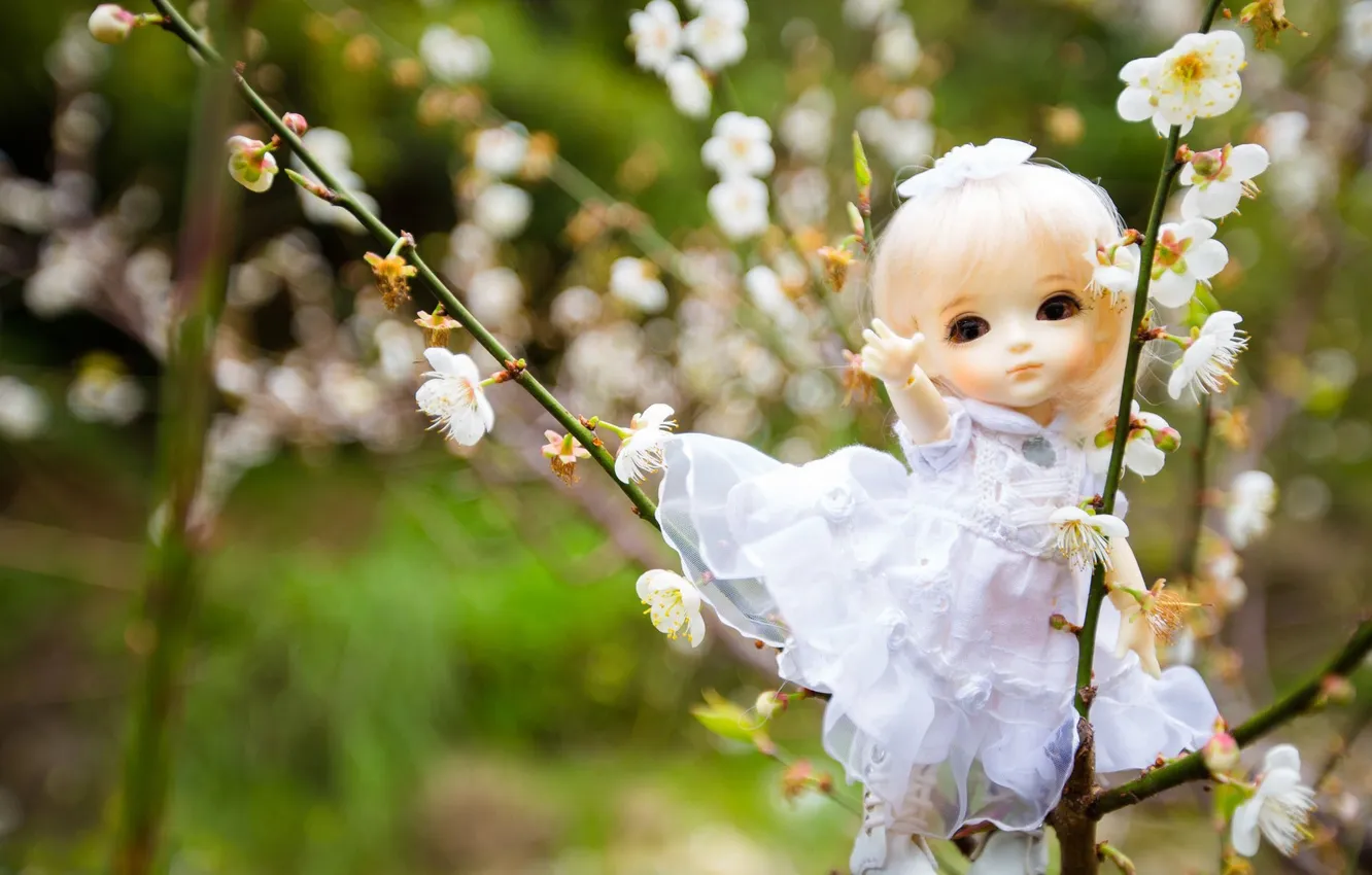 Photo wallpaper flowers, toy, doll, hands, dress, blonde