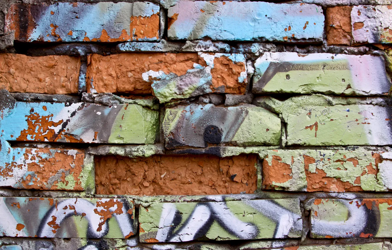 Photo wallpaper green, Orange, black, blue, letters, broken bricks, painted wall, painting in aerosil