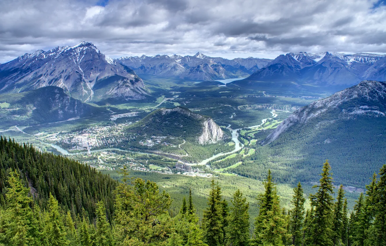 Photo wallpaper forest, the sky, clouds, trees, mountains, lake, river, home