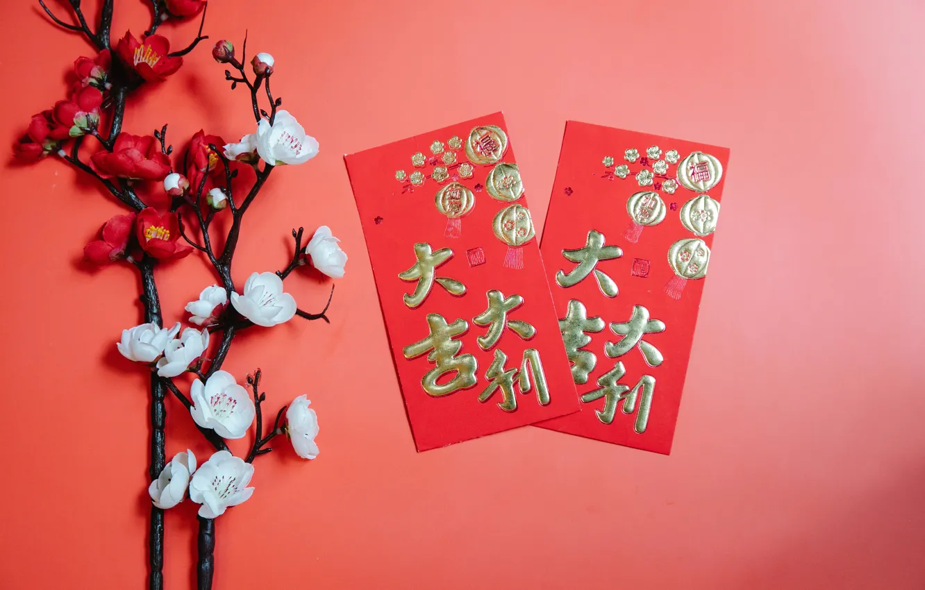 Photo wallpaper holiday, new year, Happy New Year, red background, happy new year, Merry Christmas, cards, Sakura
