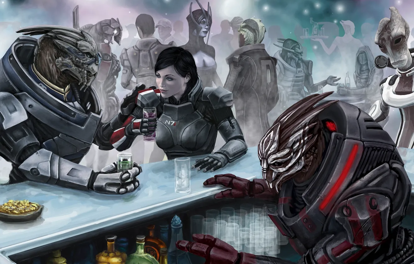 Photo wallpaper bar, captain, booze, mass effect 3, Shepard, fanart, Legion, female