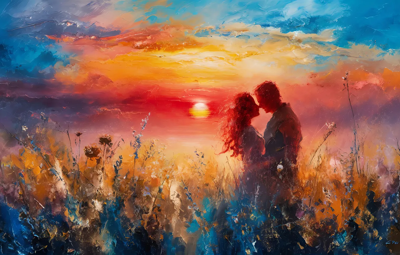 Photo wallpaper love, sunset, pair, AI art, neural network