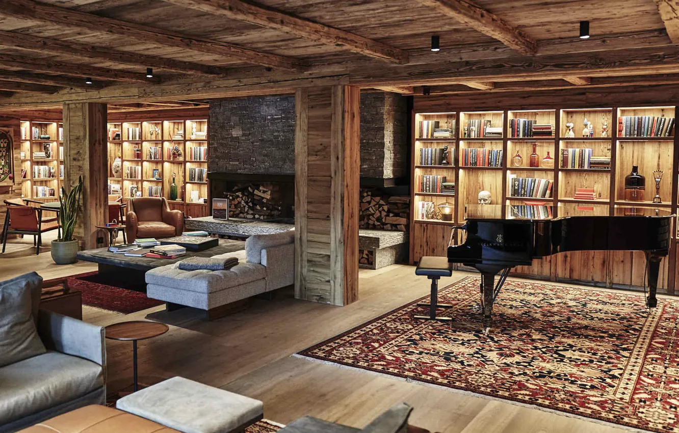 Photo wallpaper design, style, interior, piano, fireplace, library, living room