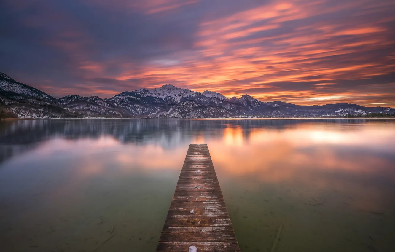Photo wallpaper sunset, mountains, lake, Germany, Bayern, bridges, Germany, Bavaria
