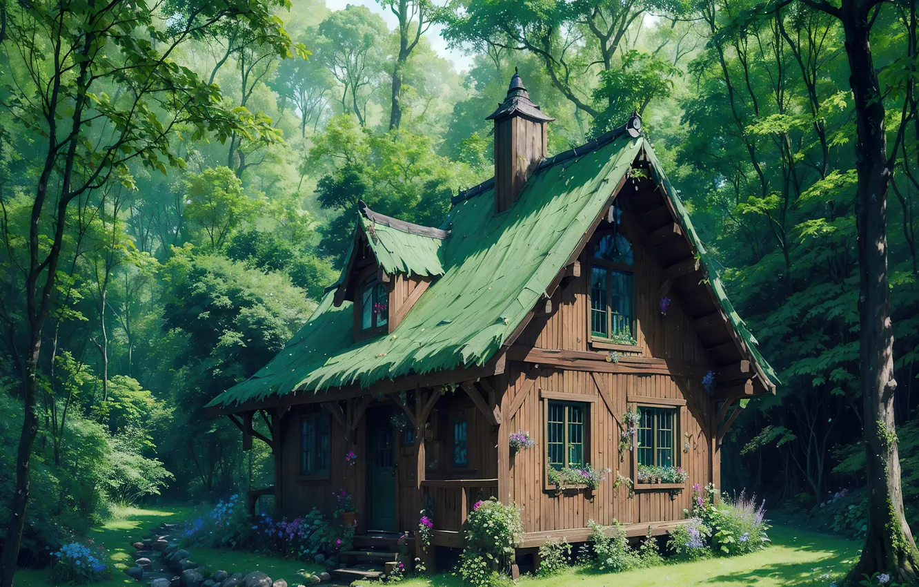 Photo wallpaper forest, nature, stream, art, digital art, art work Razor127, a hut in the forest, AI …